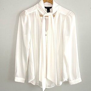 WHBM White Button Up Neck Bow Blouse